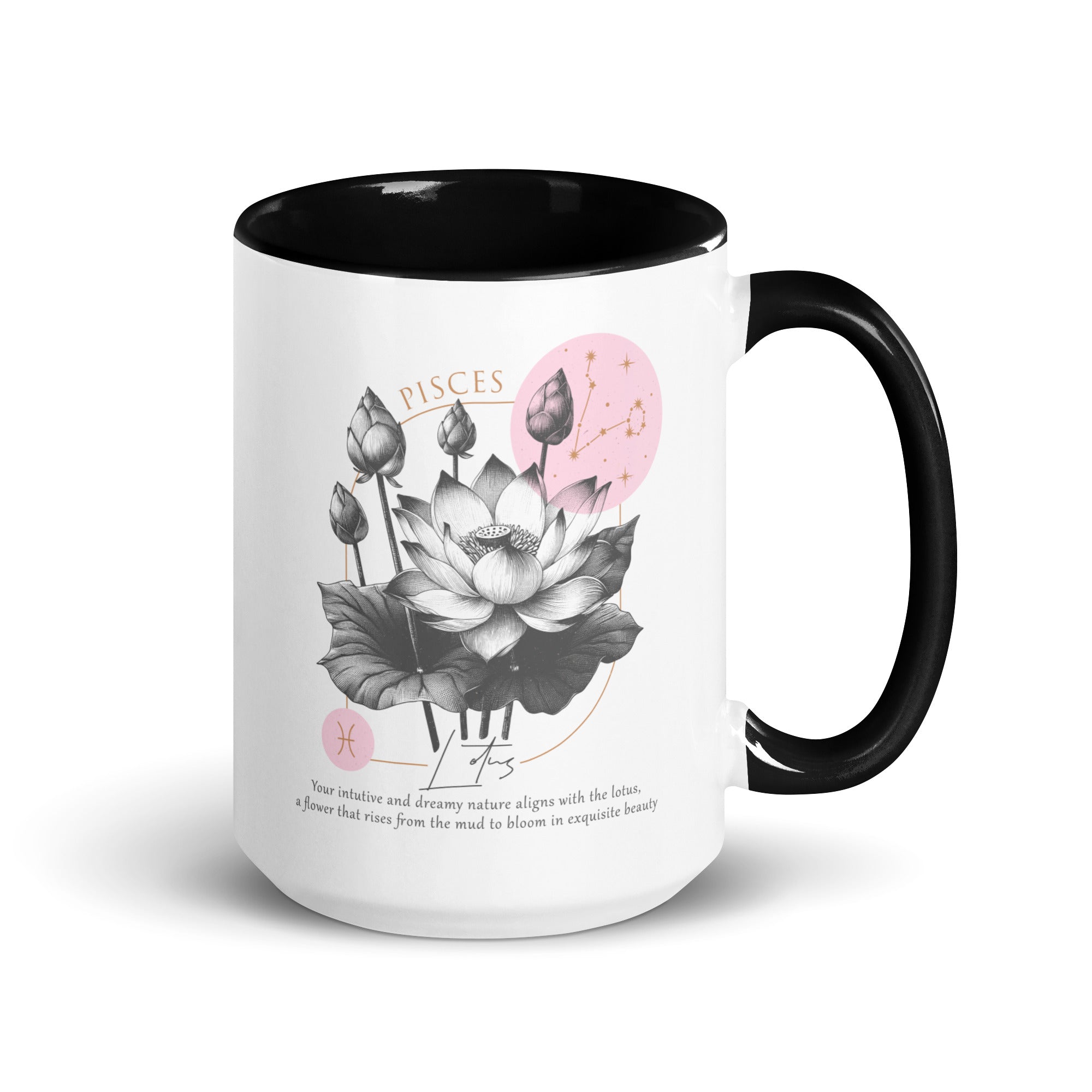 Pisces Zodiac Lotus Birth Flower 15 oz Mug with Black Handle - https://ascensionemporium.net